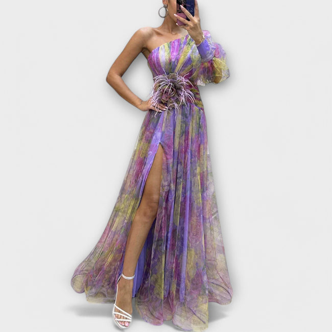 Elegant evening gown with one shoulder strap and fitted waist Hover Image