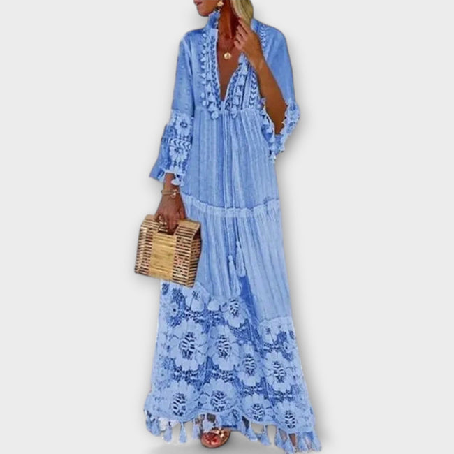 Classic Bohemian Style Long Sleeve Dress with Long Sleeves, Lace, and Fringes Hover Image