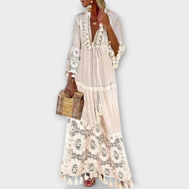 Classic Bohemian Style Long Sleeve Dress with Long Sleeves, Lace, and Fringes Main Image
