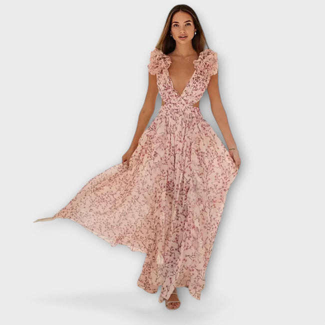 LILOU | Maxi dress with ruffle hem and slit Hover Image