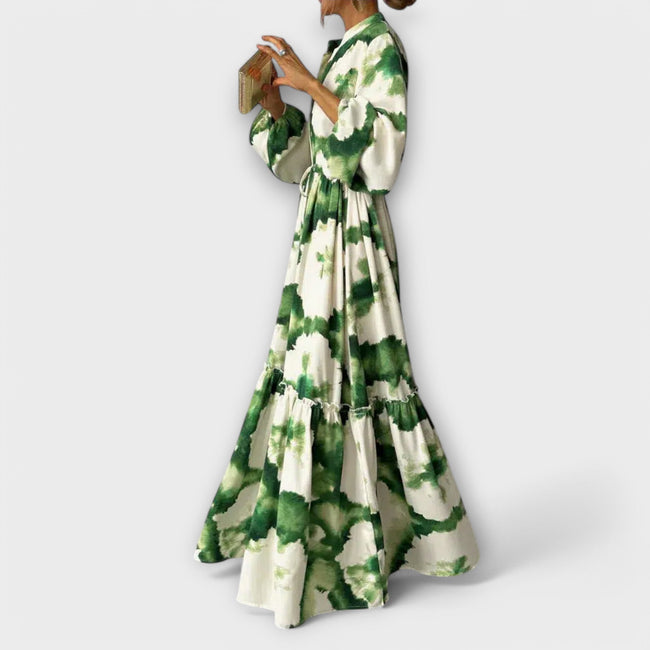 MELINA | Green Maxi Dress with Long Sleeves and V-Neck Hover Image