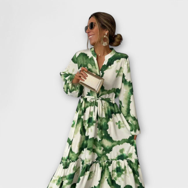 MELINA | Green Maxi Dress with Long Sleeves and V-Neck Main Image